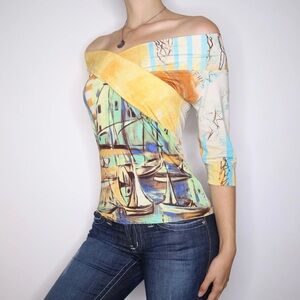 Save the Queen Italy Off Shoulder Abstract Art Top 3/4 Sleeve Size Small
